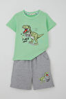 Breeze Erkek Çocuk Şortlu Takım Konsol Kralı Oyuncu Dinozor Baskılı 2-6 Yaş, Su Yeşili
