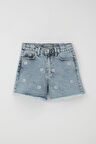 Breeze Kız Çocuk Şort Jean Papatya Nakışlı Paçası Püskül Detaylı 5-9 Yaş, Açık Mavi