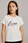 Breeze Kız Çocuk Tişört Sevgi Temalı Yazı Baskılı Simli 9-14 Yaş, Ekru