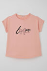 Breeze Kız Çocuk Tişört Sevgi Temalı Yazı Baskılı Simli 9-14 Yaş, Somon