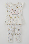 Breeze Kız Çocuk Taytlı Takım Renkli Çiçek Desenli Fırfırlı 2-6 Yaş, Ekru