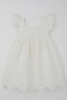 Breeze Kız Çocuk Elbise Çiçek Nakışlı Arka Kısmı Fermuarlı 3-8 Yaş, Ekru
