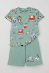 Breeze Erkek Çocuk Şortlu Takım Eğlenceli İş Makineleri Desenli 1.5-5 Yaş, Su Yeşili