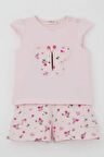 Breeze Kız Bebek Şortlu Takım Çiçek Baskılı Kelebek Nakışlı Düğme Aksesuarlı 6 Ay-2 Yaş, Pembe
