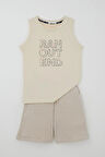 Breeze Erkek Çocuk Şortlu Takım Sıfır Kollu Yazı Baskılı Bağcık Aksesuarlı 8-14 Yaş, Krem