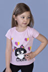 Toontoy Kız Çocuk Likee Kedi Baskılı Tişört