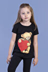 Toontoy Kız Çocuk Kalpli Ayıcık Baskılı Taş İşlemeli Tişört