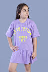 Toontoy Kız Çocuk Baskılı Eteği Büzgülü Düşük Kol Elbise