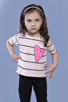 Toontoy Kız Çocuk Çizgli Kalp Baskılı Taş İşlemeli Tişört