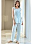 BONE CLUB 4520 TURKUAZ  HAMİLE LOHUSA DANTELLİ LOHUSA PİJAMA TAKIMI