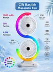 Çift Başlıklı RGB Fan Masaüstü Vantilatör 1800mAh Şarjlı USB-C Fırçasız Motorlu 5 Kademeli Sessiz Mini Soğutucu Fan