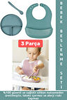 Kaymaz Sağlıklı Önlük Diş Kaşıyıcılı Kaşık Vakumlu Tabak 3 Parça Silikon Bebek Beslenme Seti Yeşil