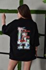 La Sırt Baskılı Oversize Unisex Siyah Tshirt