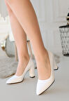 Pabucmarketi Beyaz Suni Deri Topuklu Kadın Ayakkabı