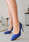 Pabucmarketi Mavi Suni Deri Stiletto Kadın Ayakkabı