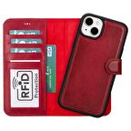 Apple iPhone 15 Plus Uyumlu Deri Cüzdanlı Kılıf MWWN V4EF Kırmızı