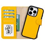 Apple iPhone 15 Pro Uyumlu Deri Cüzdanlı Kılıf MWWN FL12 Sarı