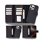 Apple iPhone 16 Pro uyumlu, Hakiki Deri, El Yapımı, Cüzdanlı Kılıf, Mat Siyah