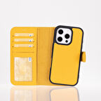 Apple iPhone 16 Pro uyumlu, Hakiki Deri, El Yapımı, Cüzdanlı Kılıf, Limon Sarı