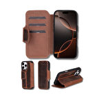 Apple iPhone 16 Pro uyumlu, Hakiki Deri, El Yapımı, Cüzdanlı Kılıf, Antik Kahve