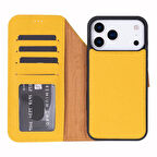 Apple iPhone 17 Pro Max için, Hakiki Deri, El Yapımı Cüzdanlı Kılıf, Magsafe ile uyumlu, İç Yüzeyi Kadife, Limon Sarı