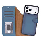 Apple iPhone 17 Pro için, Hakiki Deri, El Yapımı Cüzdanlı Kılıf, Magsafe ile uyumlu, İç Yüzeyi Kadife, Gölgeli Mavi