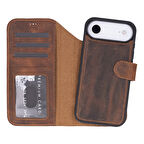 Apple iPhone 17 Air için, Hakiki Deri, El Yapımı Cüzdanlı Kılıf, Magsafe ile uyumlu, İç Yüzeyi Kadife, Antik Kahve