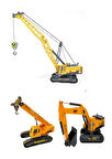 Oyuncak İş Makineleri Ekskavatör Paletli Vinç Kule Vinç 3 Lü Metal Set