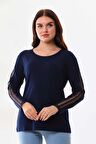 Sistas Kadın Kolları Fileli Bisiklet Yaka Uzun Kol Bluz 20162 Lacivert