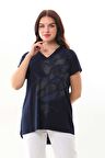 Sistas Kadın Simli Baskılı V Yaka Kısa Kol Bluz 23296 Lacivert