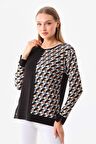 Sistas Kadın Desenli Bisiklet Yaka Uzun Kol Bluz 23592 Siyah