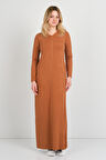 Sistas Kadın V Yaka Çift Cepli İnce Şerit Detaylı Maxi Elbise 23813 Camel