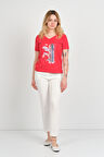 Sistas Kadın Baskı Desenli V Yaka Kısa Kollu Pamuklu Bluz 24100 Kırmızı