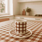 Kahverengi Ekose Desenli 6 Kişilik Porselen Türk Kahvesi Fincan Takımı