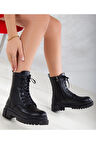 Florin Kadın Siyah Kalın Platform Taban Bağcıklı Hafif Kışlık Fermuarlı Spor Günlük Yarım Postal Bot