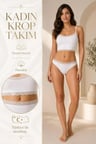 Kadın Dantel Detaylı Beyaz Takım (Crop+Slip) Organic Pamuk
