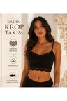 Kadın Dantel Detaylı Siyah Takım (Crop+Slip) Organic Pamuk
