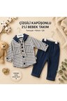 Erkek Bebek Kapüşonlu Müslin Takım - Çizgili Gömlek ve Pantolon Seti
