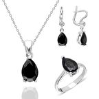 925 Ayar Gümüş Damla Kesim Siyah Zirkon Taşlı Kadın Takı Set