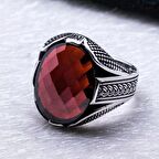 925 Ayar Gümüş Kırmızı Taşlı Örgü Desenli Erkek Yüzük