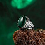 925 Ayar Gümüş Yeşil Akik Osmanlı Desenli Erkek Yüzük