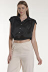 Siyah Crop Saten Gömlek | 40