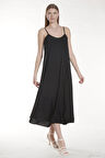 Siyah İp Askılı Uzun Elbise | 38