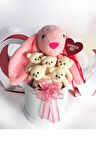 SOLE Premium Özel Hediye Kutusunda  45 cm Pembe Bunny Tavşan ve 5 Adet Krem Peluş Ayıcık Buketi