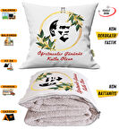 Öğretmenler Günü Atatürk Siluet Tv Battaniyeli Opsiyonel Dekoratif Yastık Kırlent 2 in 1 Battaniye