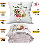 Öğretmenler Günü Hediyesi Güller Tv Battaniyeli Opsiyonel Dekoratif Yastık Kırlent 2 in 1 Battaniye