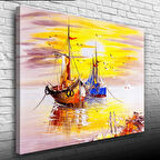 Günbatımında Balıkçı Takaları ve Martılar :Yağlıboya Kanvas Tablo 50 x 70