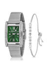 Vintage Kadın Kol Saati Zirkon Taşlı Su Yolu Bileklik Kombin Gümüş Yeşil PL-1499B5