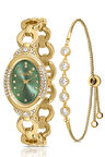 Zincir Kordon Lüx Taşlı Kadın Kol Saati Zirkon Taşlı 5 Taş Bileklik Kombin Gold Yeşil Renk PL-1516B4