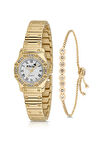 Vintage Kadın Kol Saati Zirkon Taşlı Su Yolu Bileklik Kombin Gold Renk Pl-1502bb1